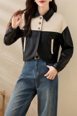 【】都市欲望圆领撞色皮衣秋季时尚百搭棒球服H624T13784，女装皮衣，江南女神