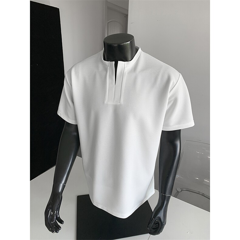 日系慵懒风坑条亨利领T恤肌理感男女同款百搭上衣HY927TP28控49，男装T恤，电商A102B