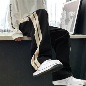 美式hiphop条纹裤子男春秋潮牌高街宽松坠感直筒休闲运动裤K1055图片