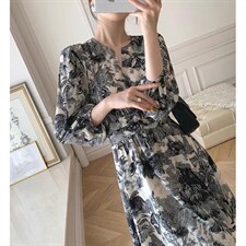 秋季新款时尚韩版修身淑女气质高雅印花连衣裙，女装连衣裙，荷塘月色