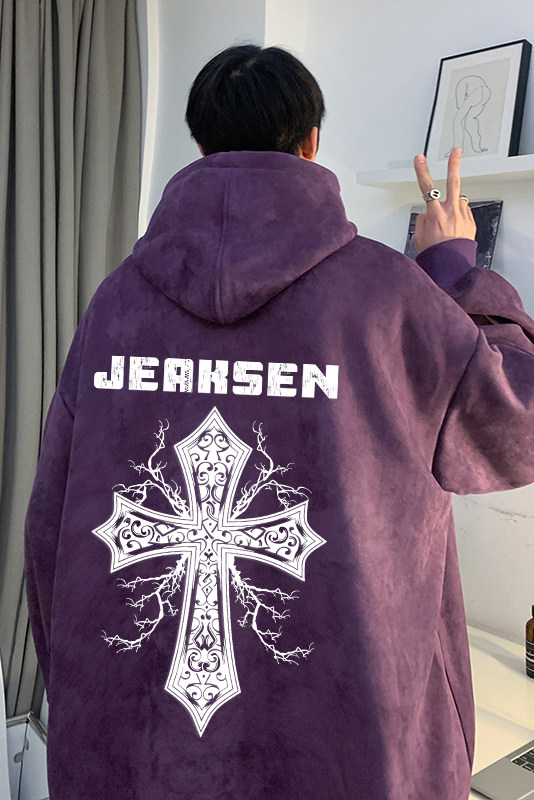 美式高街麂皮绒宽松落肩连帽卫衣十字架印花JK23382特批43-控69,男装卫衣,星座605(原A050)