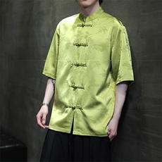 2024风新中式提花梅兰竹菊立领衬衫T恤五分袖短袖T2802-P65，男装T恤，电商A021