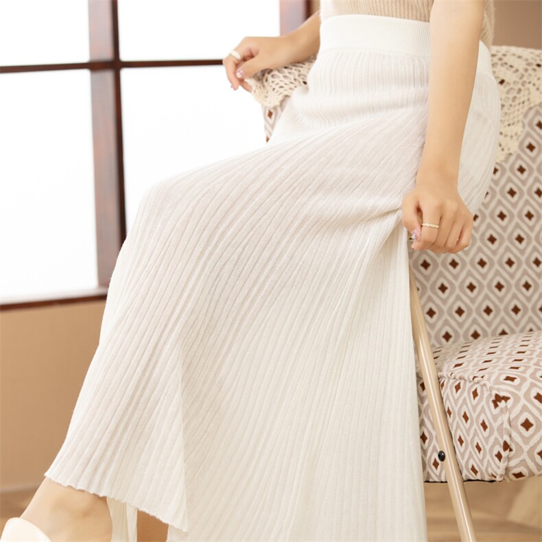 精纺羊毛针织百褶裙女长裙秋冬半身裙高腰大摆裙A字裙显瘦伞裙子，女装半身裙，唯若美羊绒