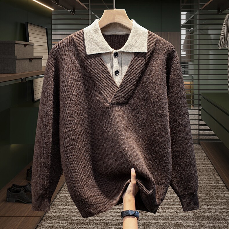 黑色老钱双层领POLO领毛衣2025年秋季新款高级感拼接撞色针织衫，男装Polo衫，星座914