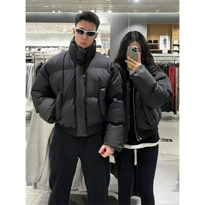 现货5W件冬季三防重磅硬挺boxy短款羽绒立领PU皮棉衣外套加厚棉服图片