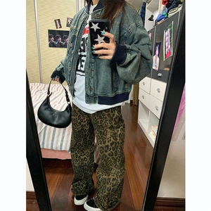 DB7262-P48豹纹牛仔裤男女直筒春秋季阔腿拖地牛仔裤-网图现货图片