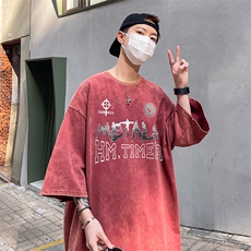 B239-1182-P38创意字母印花美式复古水洗做旧落肩袖短袖T恤，男装T恤，星座514-2(原B239)