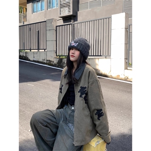 网图有货 美式巴恩风卡通小熊刺绣工装外套皮领夹克男女 A953-P68图片