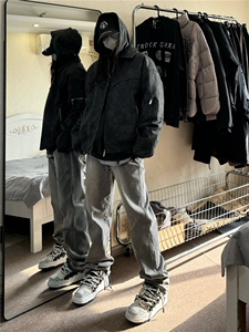 美式hiphop烟灰色毛边修身直筒显瘦牛仔裤痞帅高街图片