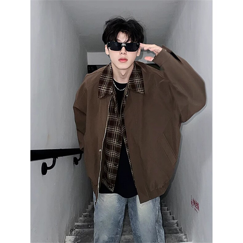 网图春季潮牌情侣大码拼接假两件翻领格子夹克外套J6502特P48控98，男装夹克，电商A001