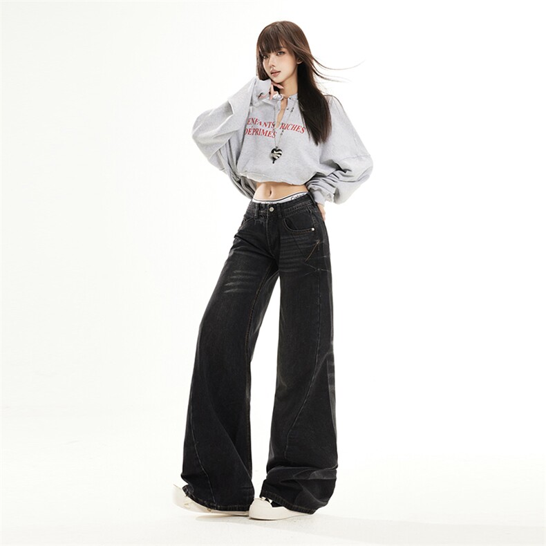 2026春季新款美式复古水洗弯刀阔腿裤宽松拖地牛仔长裤YD9085-P70,男装休闲裤,星座509