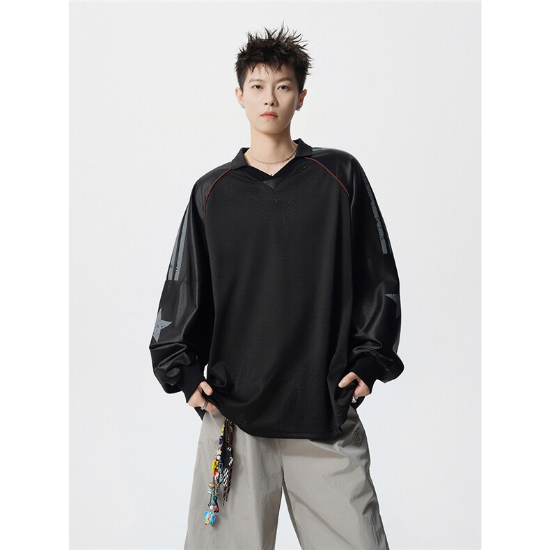 可二开美式POLO衫大码M-5XL拼接V领球衣长袖T恤男CX78111P45控69图片