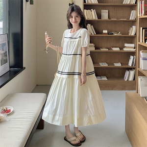 撞色拼接简约风短袖连衣裙女2025年夏季新款韩版设计感条纹A字裙图片