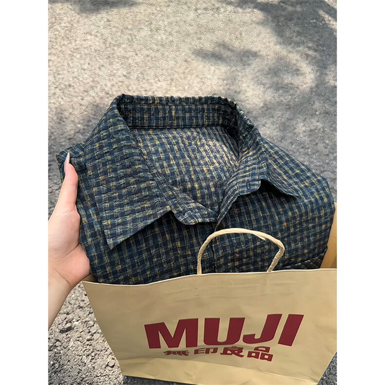 秋季泡泡纱肌理感多巴胺格子翻领大码衬衫外套男C5469-特P38控75,男装衬衫,电商A001