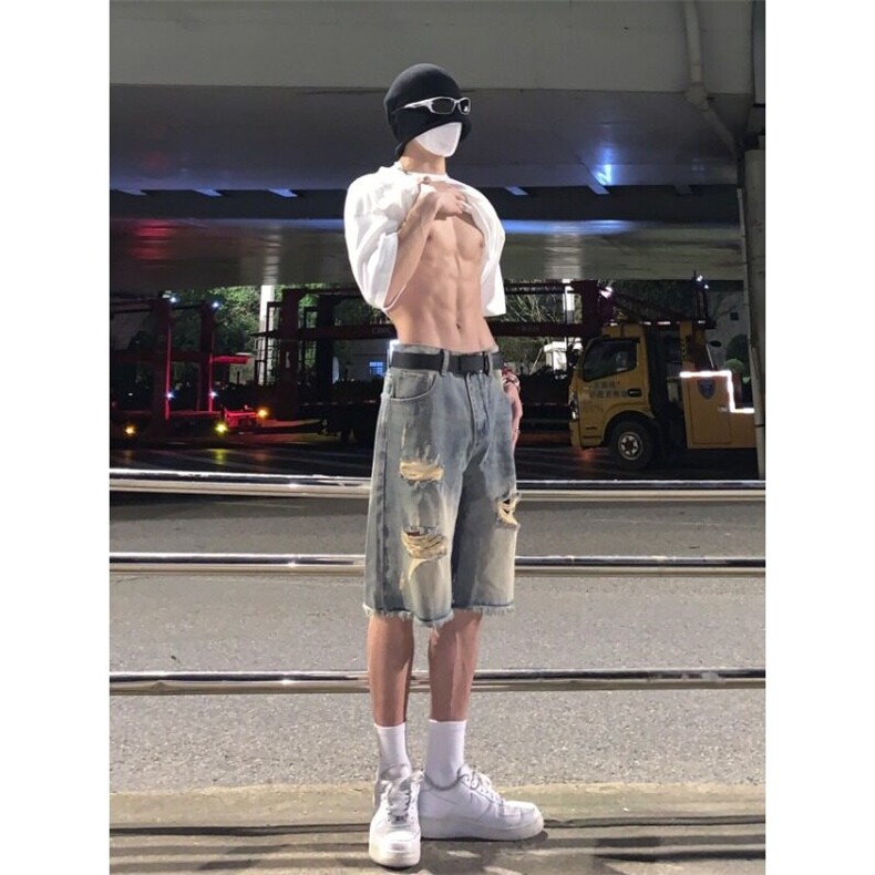 2025破洞毛边牛仔短裤男女夏季薄款美式高街宽松五分裤子,男装牛仔裤,星座506A