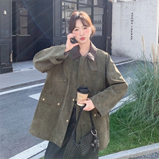 工装风复古军绿色廓形翻领夹克短外套2C212-G217-P185-K298，女装短外套，2C212