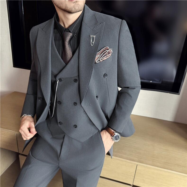秋冬主推~抗皱色织高档双排扣西装三件套西服驼色SJT8066-P295,男装西服,电商A213