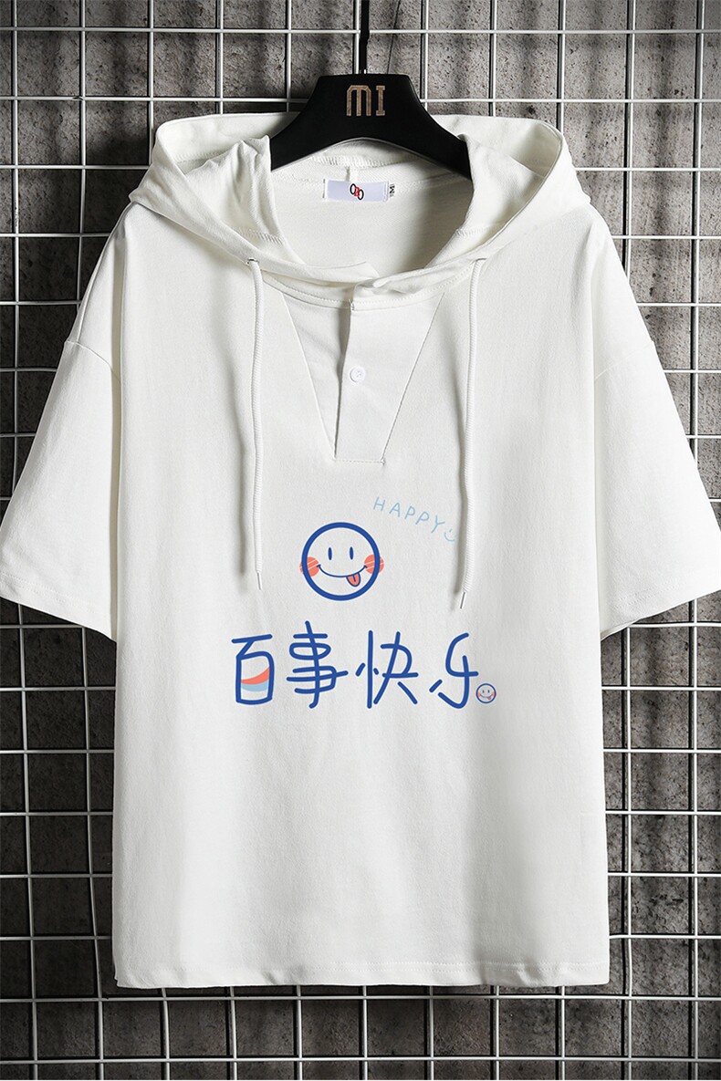 LD54183-P45连帽短袖t恤男大码胖子带帽五分袖中袖网格挂拍,男装T恤,电商A040A