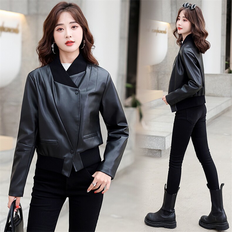 现货秋季潮流新款皮衣短款宽松长袖机车服外套2022拼接皮夹克,女装皮衣,江南女神
