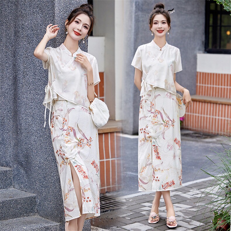 现货新中式套装女新款夏季气质时尚绝美改良旗袍两件套,女装套装/套裙,韩美纤衣