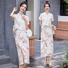 现货新中式套装女新款夏季气质时尚绝美改良旗袍两件套，女装套装/套裙，韩美纤衣