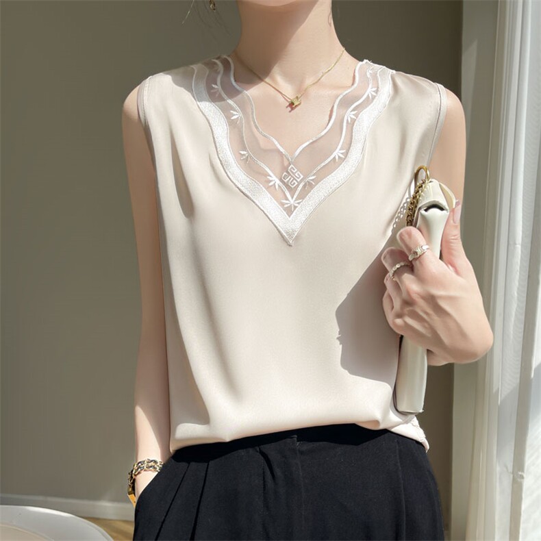 真丝缎面2025夏季新款V领网纱拼接吊带背心女蕾丝花边上衣无袖T恤，女装背心吊带，羊特美羊绒