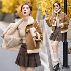 时尚复古红麂皮绒皮毛一体外套女2024冬新款小个子机车棉服，女装棉衣/棉服，奕薇雅