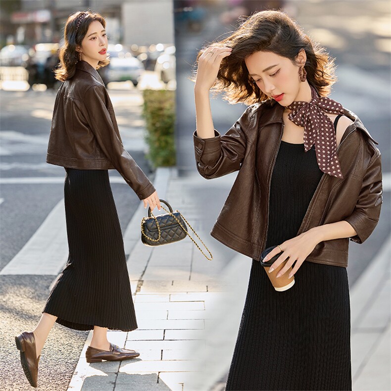 2025海宁秋款皮衣外套女长袖短外套女秋立体小翻领夹克上衣送丝巾，女装皮衣，跑量工厂店