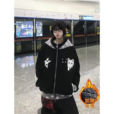 式星星猫咪刺绣设计感连帽卫衣男秋冬宽松开衫拉链外套拼色上衣，女装短外套，四季星座505