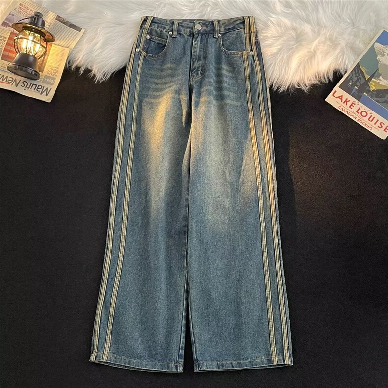 春秋潮牌高街条纹做旧水洗牛仔裤男女个性青少年宽松直筒休闲裤,男装牛仔裤,星座601-2