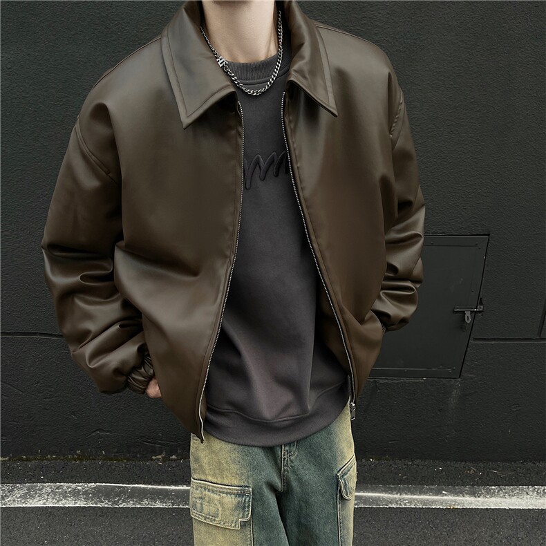 冬季24港风宽松翻领PU皮棉衣大码冬装外套男装短款棉服S368-P128,男装棉衣,电商A233-1