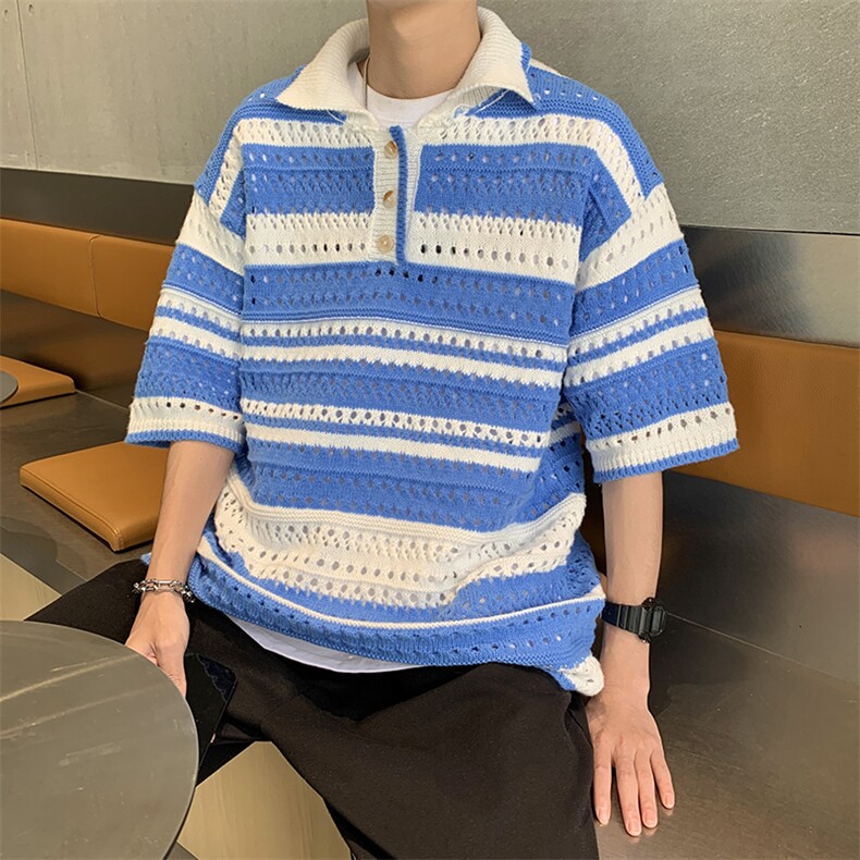 2024夏季新款镂空条纹上衣彩色翻领针织衫polo衫男现货T1714-P35，男装Polo衫，星座512-4