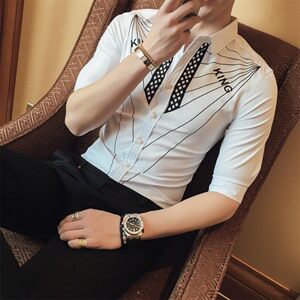 休闲 修身型 青年 免烫 七分袖 夏季 青春流行 气质 时尚 2021年 潮 衬衫图片
