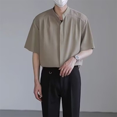新中式立领男士衬衫短袖夏季冰丝痞帅高级感男装五分中袖无领衬衣，男装T恤，星座506A