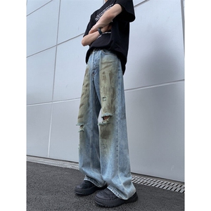 DXK5505-P52牛仔裤男夏季新款美式复古潮牌破洞直筒裤子水洗长裤图片