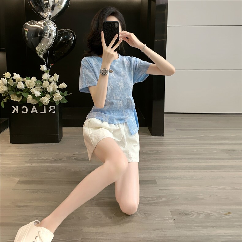 韩版时尚休闲套装女夏季款圆领独特侧绑带晕染短袖蕾丝短裤两件套,女装套装/套裙,江南