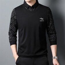 YZ-D828男式2023秋季新款长袖T恤男韩版假两件休闲男装体恤P63，男装T恤，电商B360