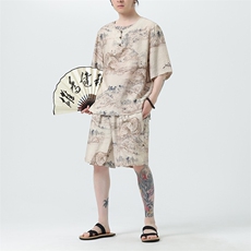 2025夏季新款男装风冰丝印花盘扣唐装套装短袖+短裤A105-P80，男装休闲套装，电商B277(原6028)