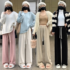 软糯毛巾裤女秋装高腰显瘦燕麦色直筒阔腿裤遛弯抖抖裤休闲裤，女装休闲裤，梦白服饰厂