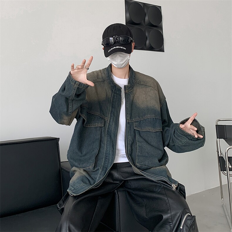 2024新款美式大口袋怀旧蓝立领牛仔外套拉链夹克现货 W8339-P63图片