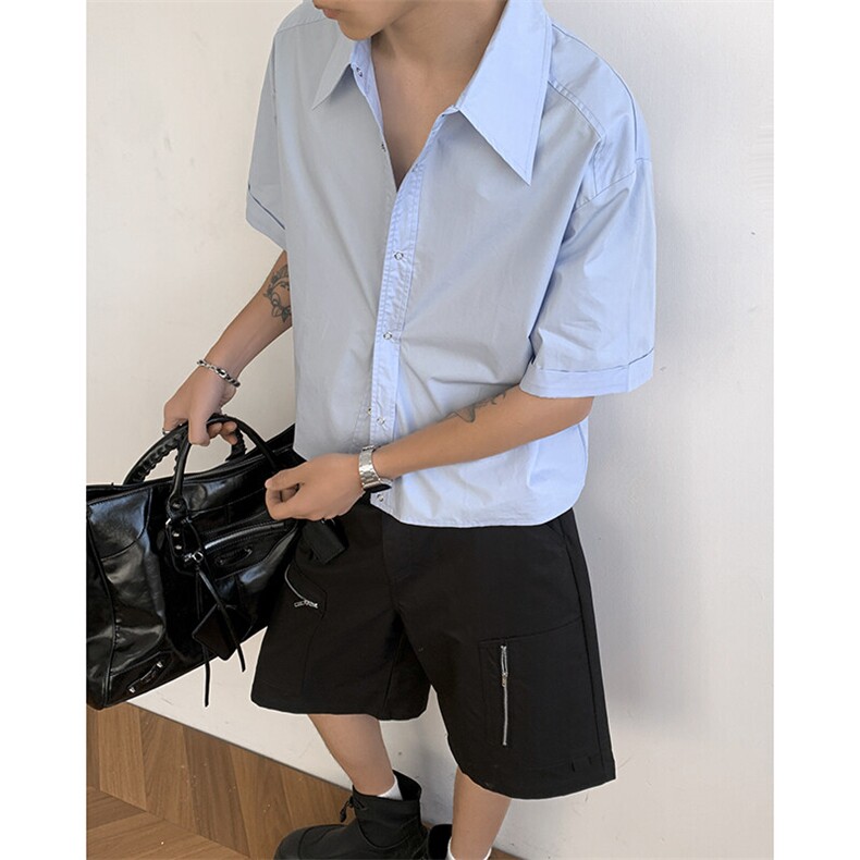 夏季薄款纯色短版衬衫男女学生高级感宽松廓形cleanfit男短袖衬衣,男装T恤,星座601-1