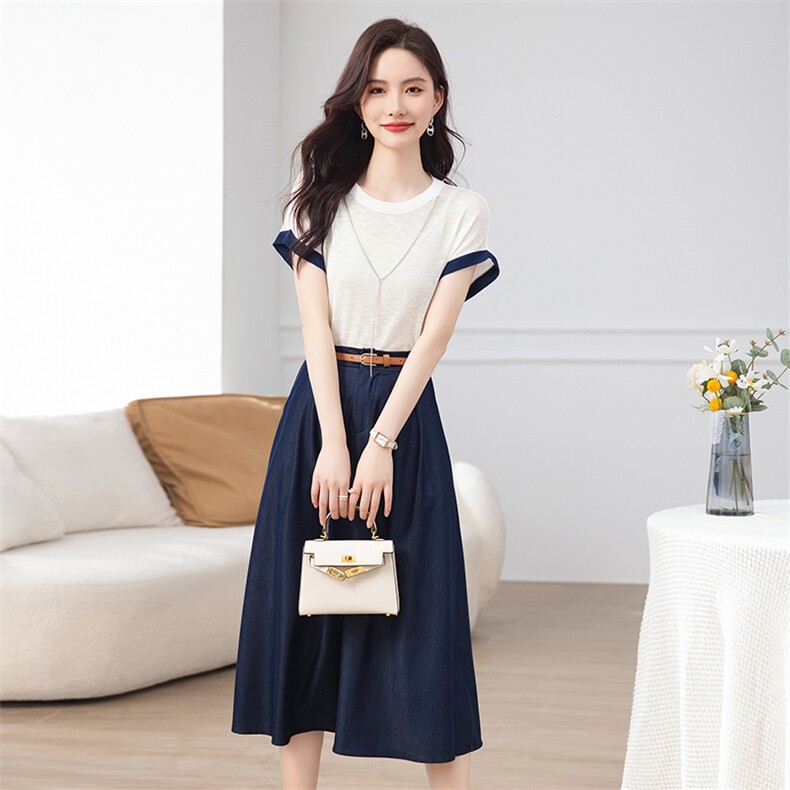 2023年夏季新款女时尚休闲减龄针织圆领链条装饰上衣+半身裙套装,女装套装/套裙,奋斗女王