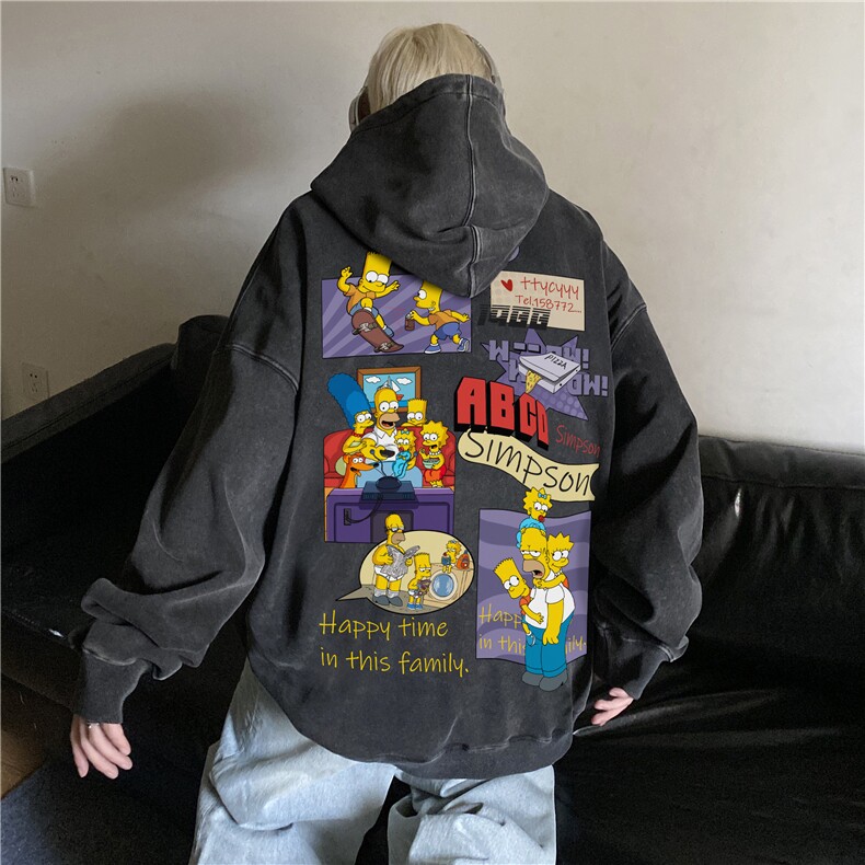 抖音品质美式动漫辛普森印花宽松连帽卫衣JK23466特批53控88图片