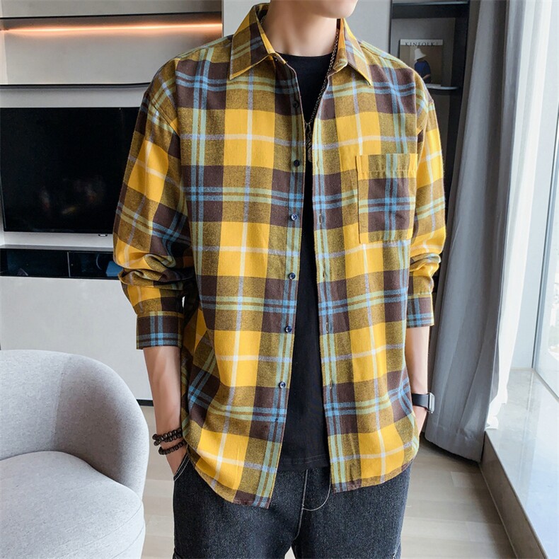 男士春秋格子衬衫长袖休闲潮流衬衣外套男上衣服DF10T图片