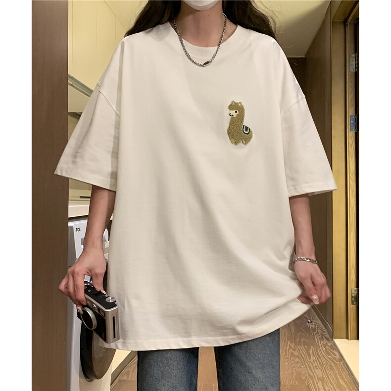中性夏季毛巾绣羊驼卡通圆领宽松半袖T恤女短袖潮D289P25控39,男装T恤,电商A335-1（原A458）