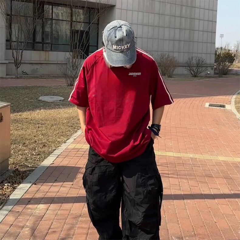 抖音得物高品质二开240克宽松纯棉美式潮牌三条杠织带短袖T恤,男装T恤,电商A486