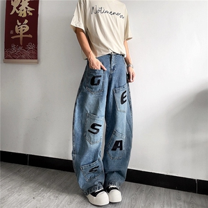 有货字母刺绣多口袋工装牛仔裤男女宽松阔腿弯刀裤 N31-P53图片