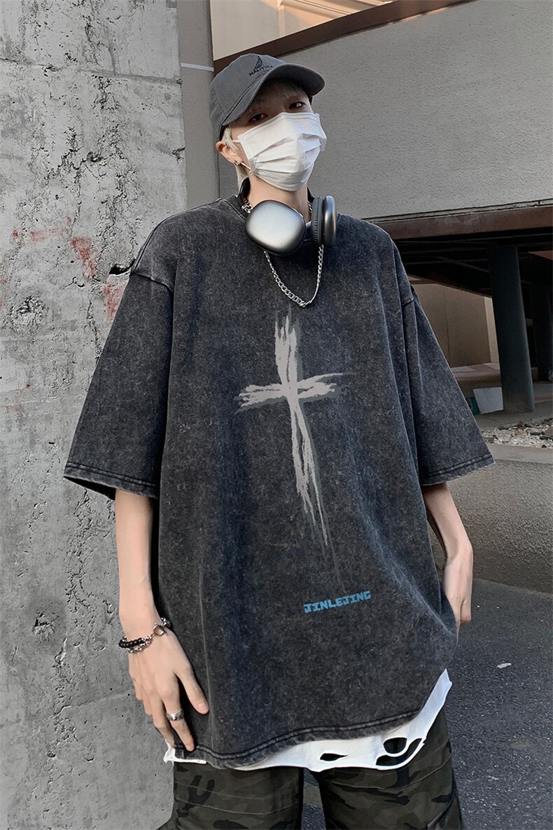B239-1078-P38复古水洗做旧十字图案印花重磅落肩袖短袖T恤,男装T恤,星座514-2(原B239)