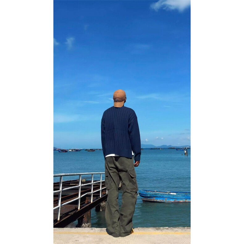 少年感cleanfit纯色编织毛衣男春秋新款宽松圆领长袖拼接针织衫潮,男装针织衫/毛衣,星座506A