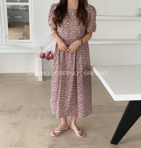 方领碎花连衣裙，女装连衣裙，GREENO